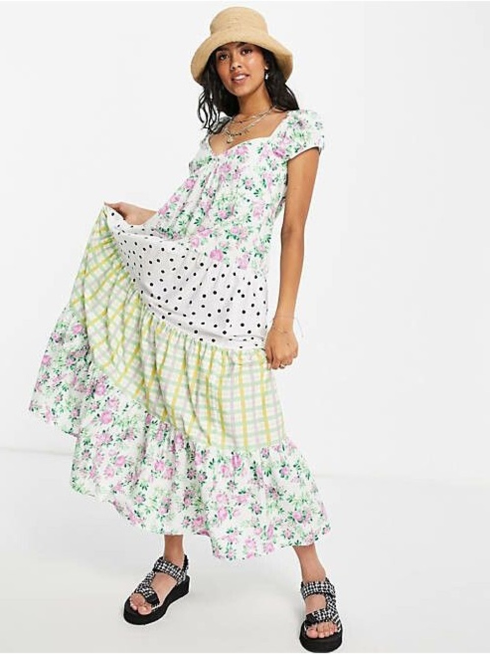 ASOS Design Sz 6 Patchwork Tiered Babydoll Cotton Maxi Dress